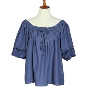 dylan 100% Cotton Relaxed Fit Peasant Top Lightweight 1/2 Sleeve Blouse Blue XL